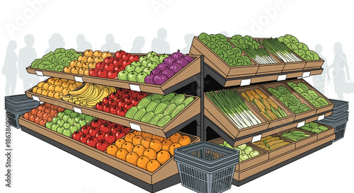 Supermarket produce section is filled with organized wooden crates overflowing with fresh fruits and colorful vegetables for shoppers.