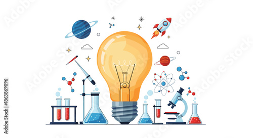 Creative science and innovation concept features a large lightbulb surrounded by laboratory tools, chemical flasks, and space elements.