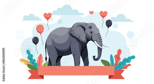 Majestic African elephant stands gracefully in a whimsical setting with heart-shaped balloons and lush tropical leaves above a banner.