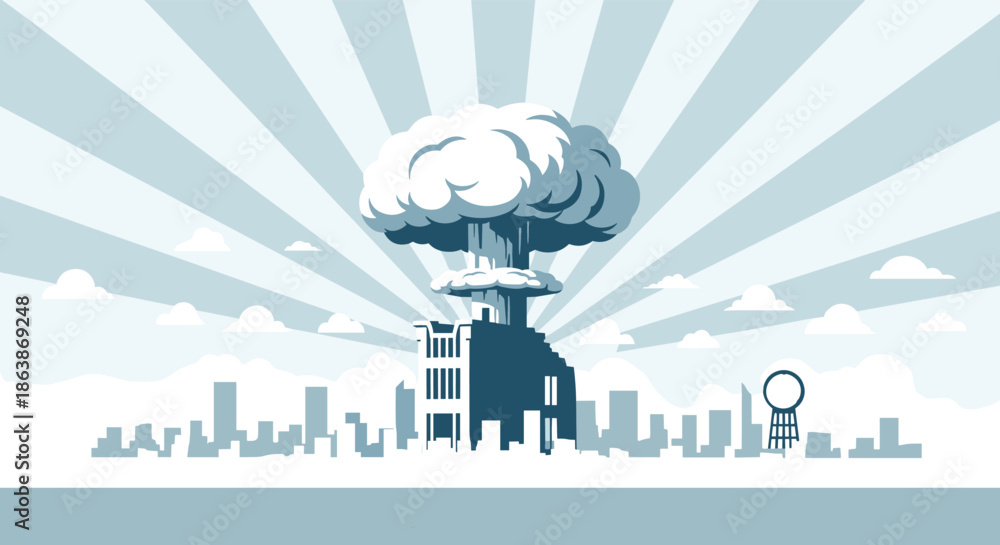 Obraz premium Powerful black and white illustration of a nuclear mushroom cloud rising above the horizon of a devastated urban landscape.