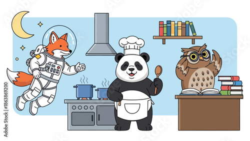 Whimsical cartoon of a panda chef, an owl librarian, and a cat in a colorful kitchen scene.