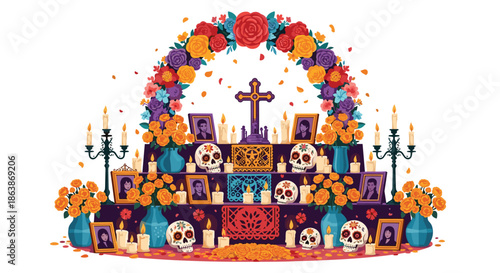 Traditional Day of the Dead ofrenda altar decorated with marigolds, candles, sugar skulls, photos, and a colorful floral arch.