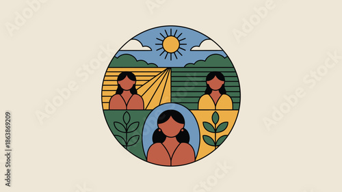 Three women in a vibrant circular illustration representing community, nature, and agricultural harmony