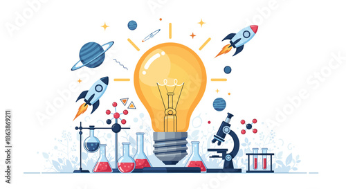 Creative science and innovation concept showing a glowing lightbulb surrounded by laboratory equipment, rockets, and space elements.