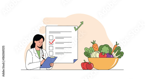 Nutritionist in a white coat completes a healthy diet checklist next to a bowl of fresh and colorful variety of vegetables.