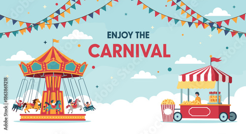 Vibrant carnival fairground featuring a colorful carousel, popcorn concession stand, and festive bunting against a bright sky.