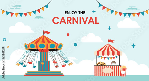 Festive carnival illustration showing a classic swing carousel ride and a popcorn stand under a clear sky with colorful decorations.