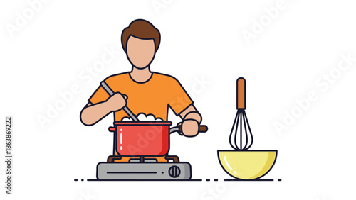 Person cooking on a portable stove with a pot and whisk in a home kitchen.