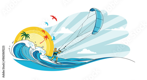 Action-packed scene of a person kitesurfing on big ocean waves with a tropical sun, palm trees, and birds in the background.