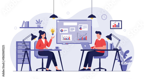 Two professionals working at their desks in a modern office, collaborating on ideas shown on a large white board with charts.