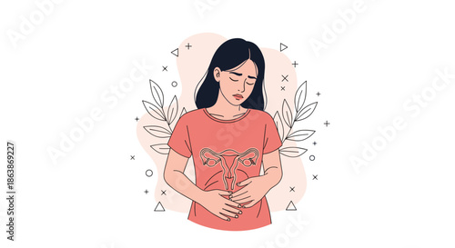 Illustration of a woman holding her stomach in pain with a diagram of the female reproductive system on her shirt.