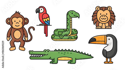 Colorful group of cartoon jungle animals including monkey, parrot, snake, lion, alligator, and toucan in a playful illustration.
