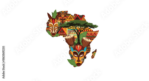 Map of Africa filled with traditional tribal patterns, featuring wooden masks, drums, and an acacia tree against a white background.