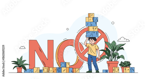 Concept of child labor showing a young boy struggling to carry a heavy stack of boxes with a large NO sign in the background.