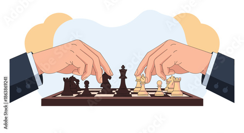 Close-up illustration of two people playing a game of chess, showing their hands moving pieces on the board in a strategic match.