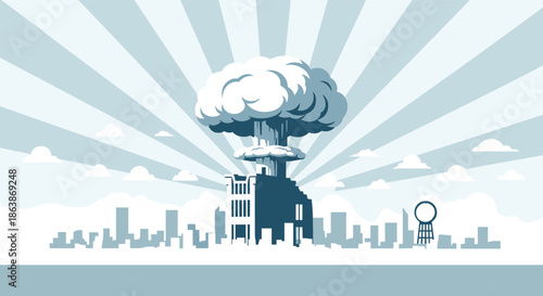 Powerful black and white illustration of a nuclear mushroom cloud rising above the horizon of a devastated urban landscape.