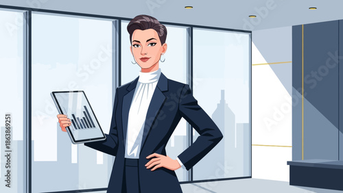 Confident businesswoman presenting tablet in a sleek modern office with city skyline backdrop.