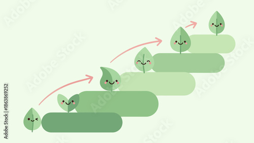 Soft pastel stepwise platforms with tiny green creatures climbing upward in a friendly, whimsical illustration.