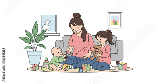 Happy mother playing with her baby and young daughter on the floor surrounded by colorful toys in a cozy living room.