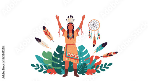 Illustration of a Native American woman in traditional dress standing among tropical leaves with a dreamcatcher and feathers.