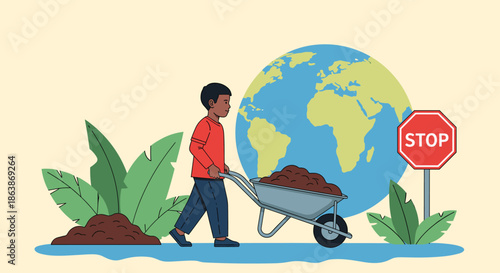 Young boy pushing a wheelbarrow full of soil in front of the planet earth and a stop sign, addressing climate change.