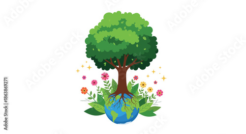 Beautiful illustration of the planet earth with a large green tree growing out of it, surrounded by colorful flowers and stars.