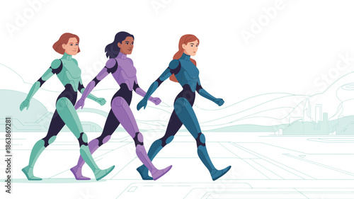Three women in sleek futuristic suits walk purposefully together against a minimalist cityscape backdrop