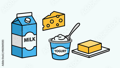 Assorted dairy products including milk, cheese, yogurt, and butter on a simple illustration.