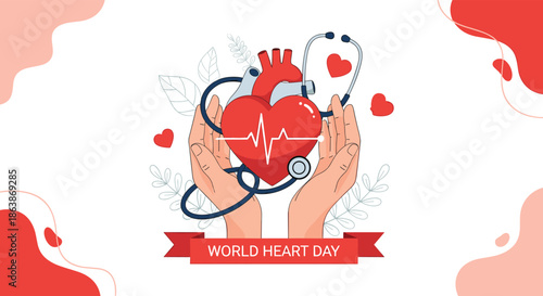 Concept for World Heart Day featuring a human heart with an EKG line held by two hands and surrounded by a stethoscope.