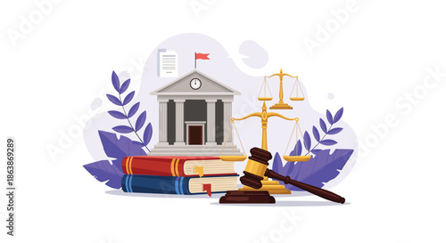 Legal and justice concept featuring a courthouse building, law books, a judge gavel, and the scales of justice with leaves.