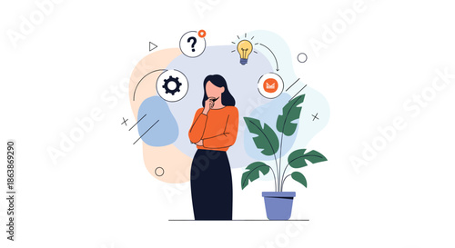 Professional woman thinking about ideas and tasks with various icons like a lightbulb, gear, and question mark floating around her.
