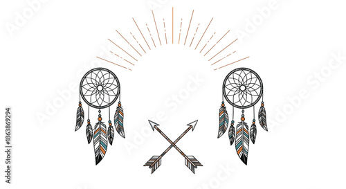 Decorative illustration featuring two dreamcatchers and crossed arrows under a sunburst, symbolizing protection and spirituality.