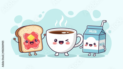 Cute anthropomorphic breakfast trio featuring smiling toast, coffee, and milk cartoon characters.