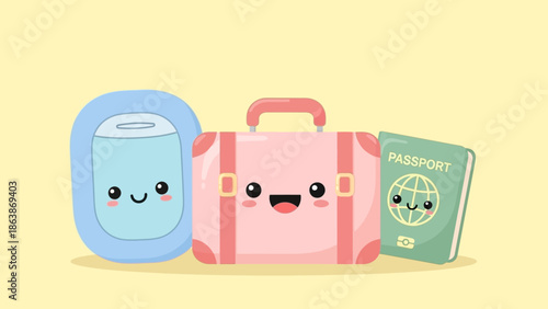 Cute Cartoon Travel Gear: Backpack, Lunchbox, and Passport Character Set.