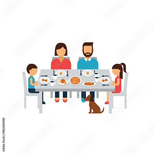 Family Dinner Time: Parents and Children Enjoying a Meal with Dog