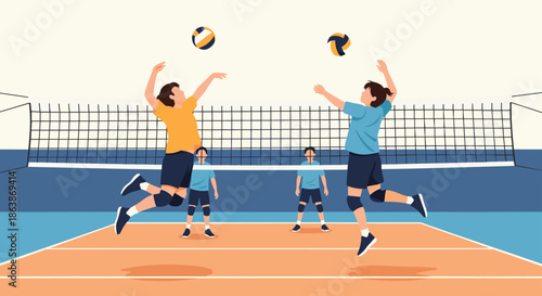 Action-packed illustration of male and female athletes playing volleyball on indoor court with net and balls in motion.
