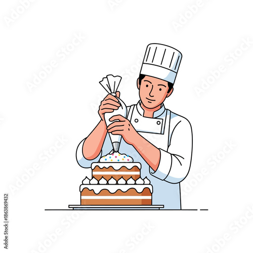 Baker decorating a tiered cake with frosting bag, skilled pastry chef creating dessert, illustration.