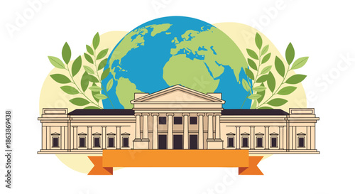 Grand classical building set against globe and laurel leaves for international institution or heritage site emblem.