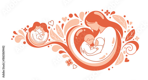 Heartfelt illustration of mother cradling two infants within heart shape for maternity and child care nurturing concept.