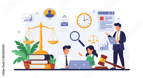 Legal professionals working in office with symbols of justice like scales and gavel for law and advocacy services.