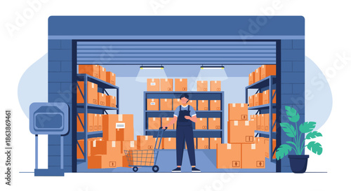 Warehouse employee organizing cardboard boxes in storage facility with shopping cart for ecommerce order fulfillment.