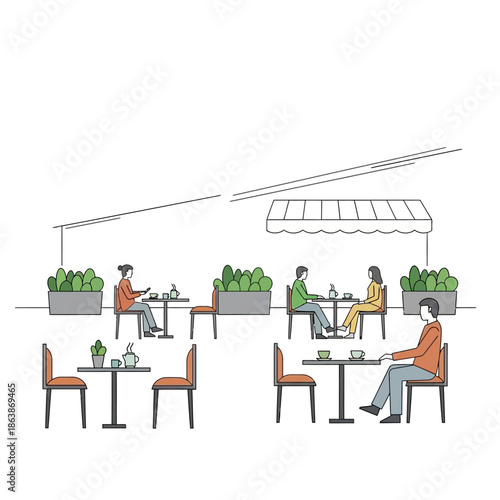 People enjoying outdoor cafe terrace, minimalist line art illustration