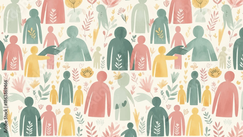 Diverse array of illustrated people in soft pastel tones across a communal scene.