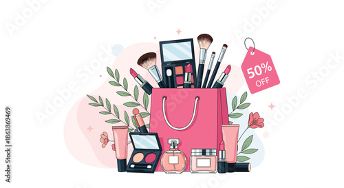 Fashionable shopping bag overflowing with various makeup products and cosmetics with half price discount tag offer.