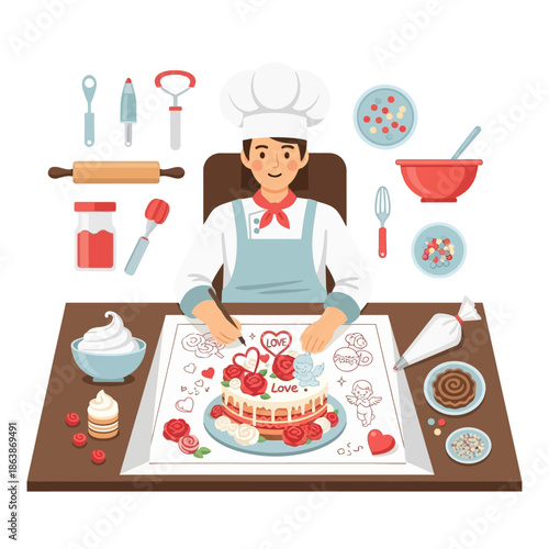 Baker Decorating Valentine's Day Cake with Roses, Love Heart, and Cupid