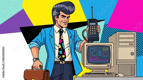 Vibrant retro pop art depiction of a business professional beside a vintage computer and monitor.