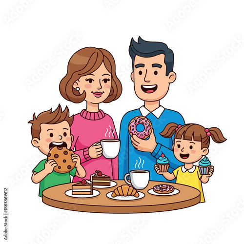 Happy Family Enjoying Sweet Treats and Coffee Break Together