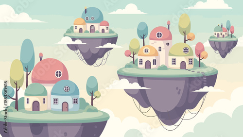 Whimsical Floating Island Villages with Pastel Houses and Dreamlike Skies.
