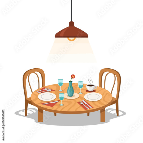 Cozy dining table setting for two with chairs, plates, glasses, cutlery, and a vase with flower under a lamp.