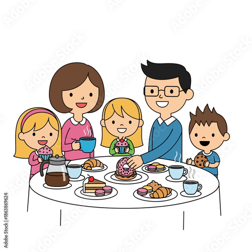 Happy Family Enjoying Breakfast Together at a Round Table with Pastries and Coffee